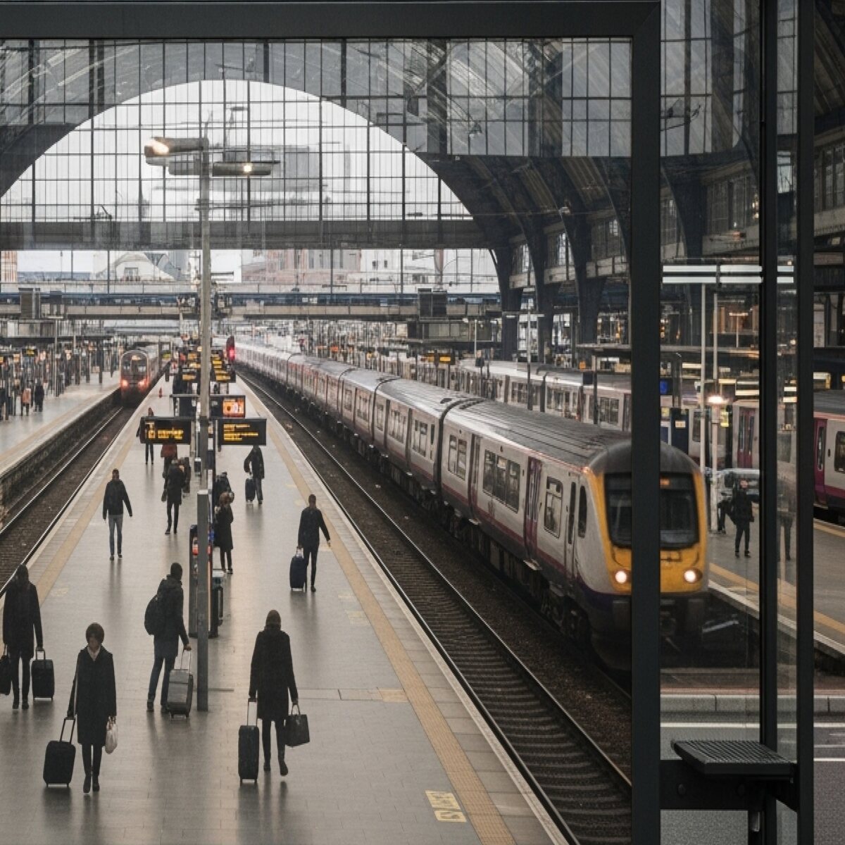 Busy railway concourse in a built environment setting