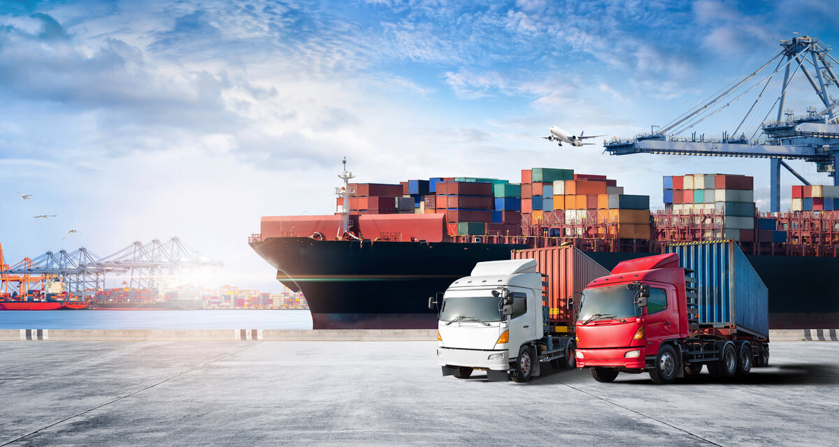 Shipping containers and logistics vehicles at port